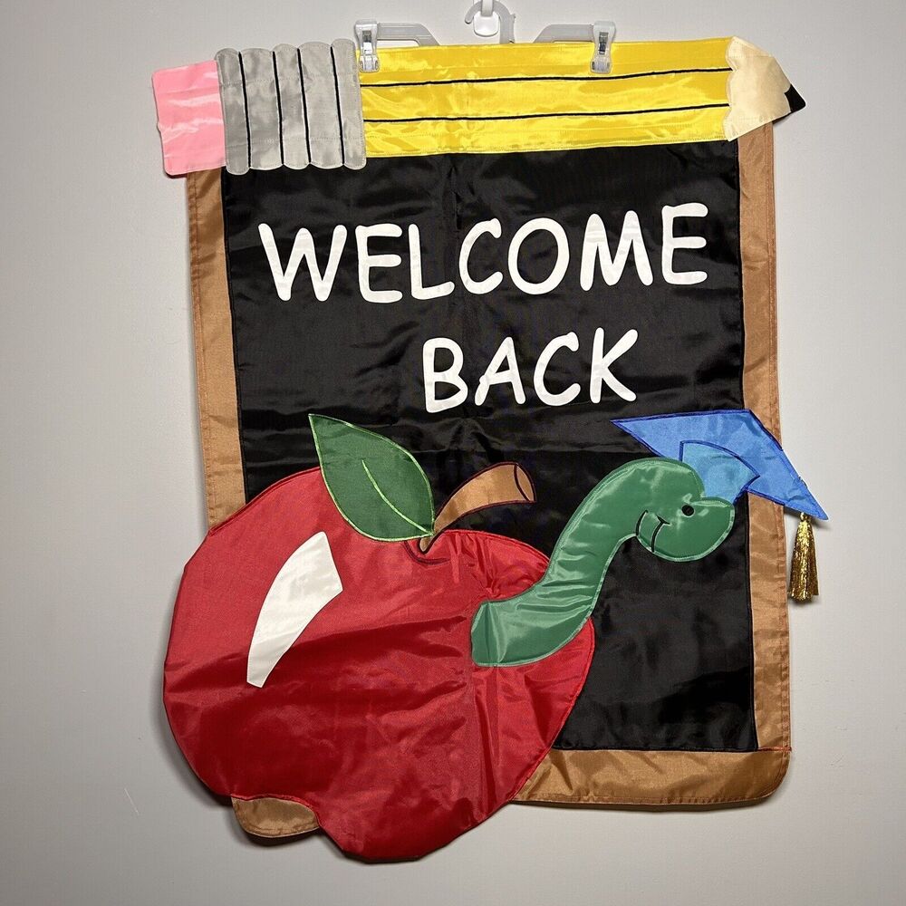 Nylon Large Double Sided Garden Flag Welcome Back School Apple Pencil Cap Worm